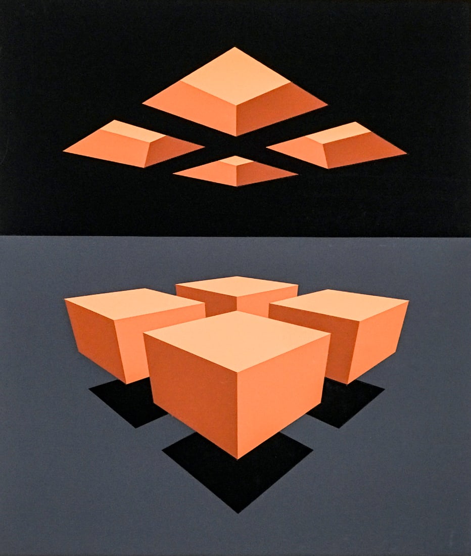 Brian Halsey Serigraph 'Tetrad' Geometric Abstract: Brian Halsey (American, b.1942) serigraph titled 'Tetrad'. Image measures 23.625 x 20 in. Sheet measures 25.75 x 22.5 in. Unframed, loose, not glued down or mounted. Print lot measures 24 in. H x 26.5