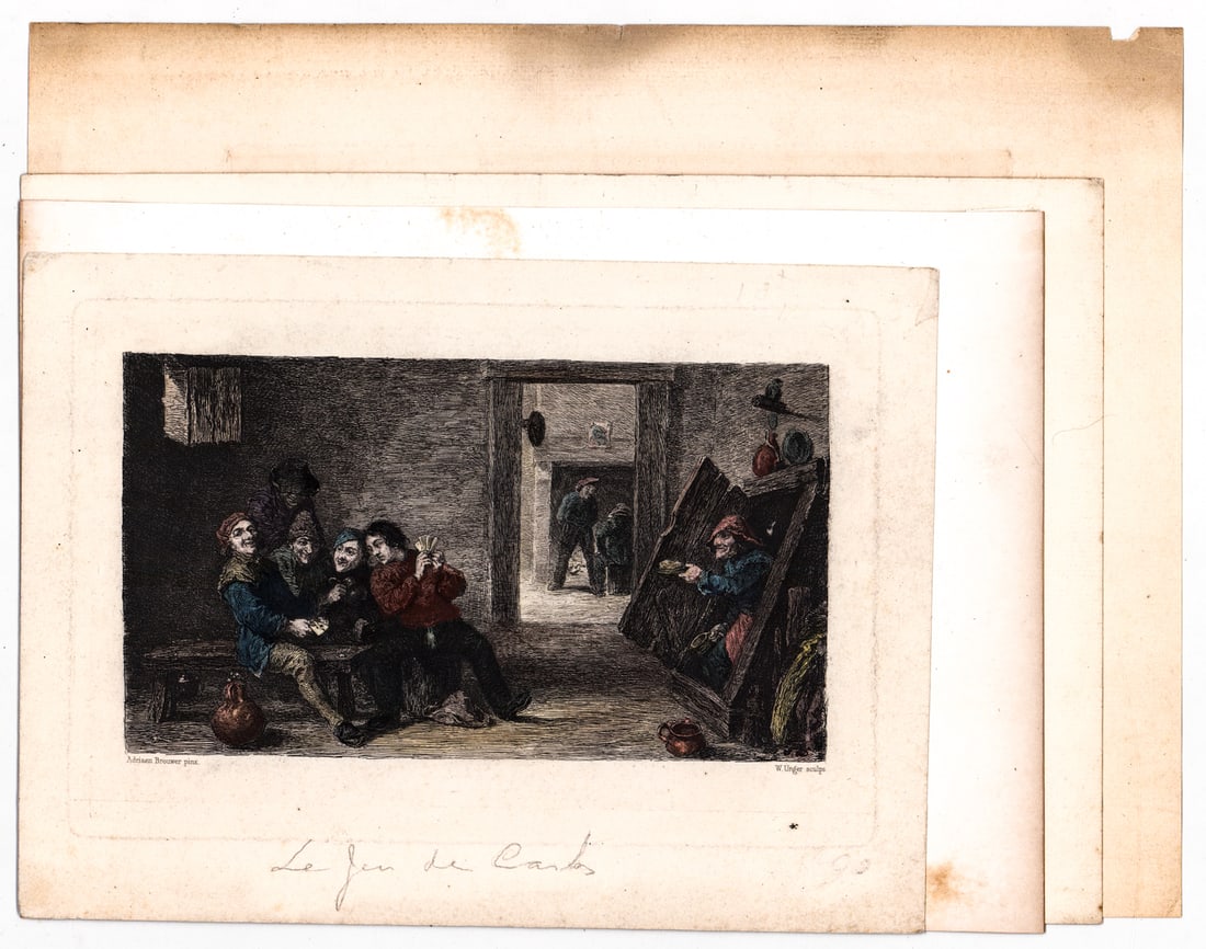 Antique (4) Prints [Poker; Playing Cards]: Four (4) antique prints depicting playing card games; poker. Sheets measure 7 to 9.5 in. x 975 to 12.5 in. Unframed, loose, not glued down or mounted. Print lot measures 14 in. H x 11 in. W x .125 in.