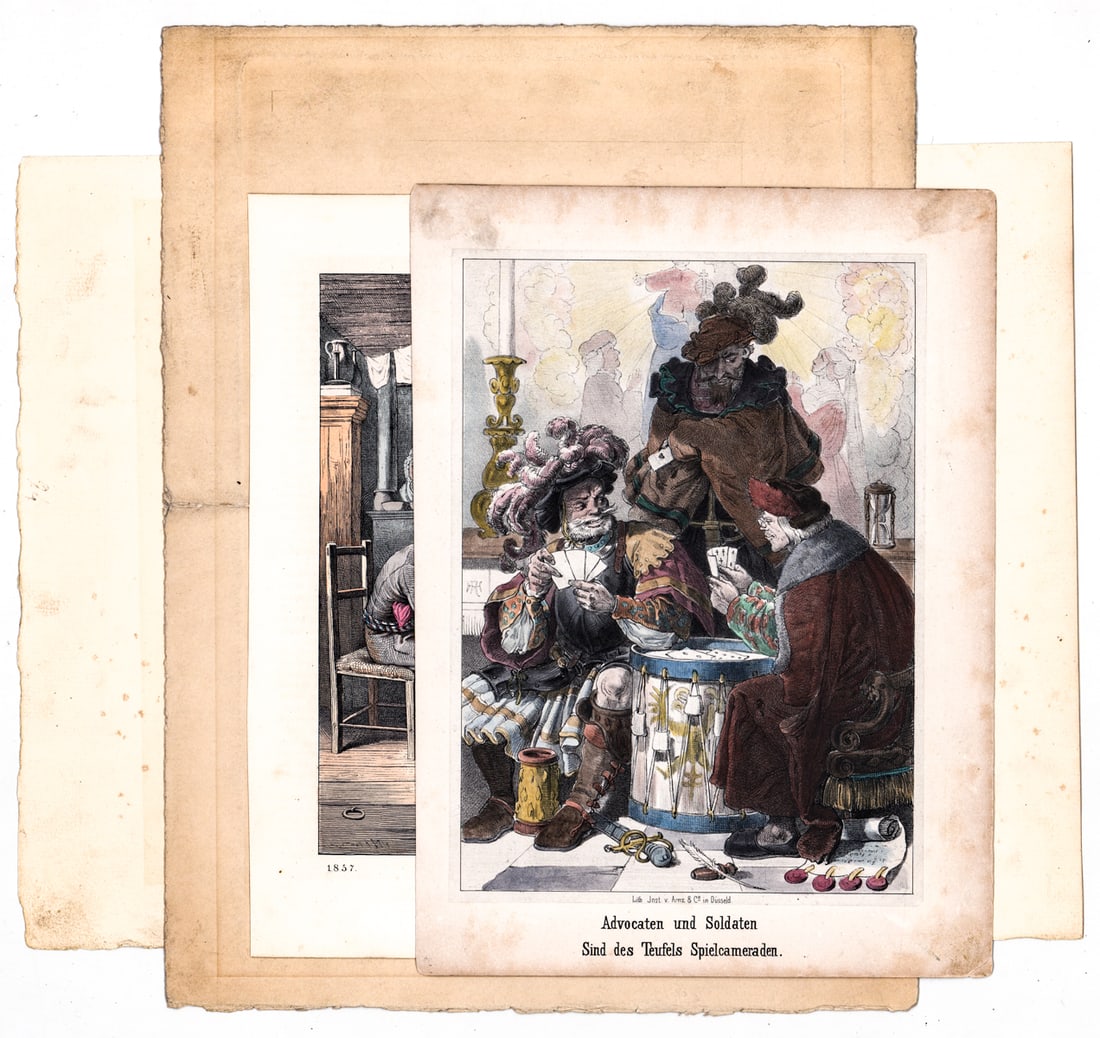 Antique (5) Prints [Poker, Playing Cards]: Five (5) antique prints depicting playing card games; poker. Sheets measure 10.375 to 13 in. x 7.5 to 13.75 in. Unframed, loose, not glued down or mounted. Print lot measures 14 in. H x 11 in. W x .25