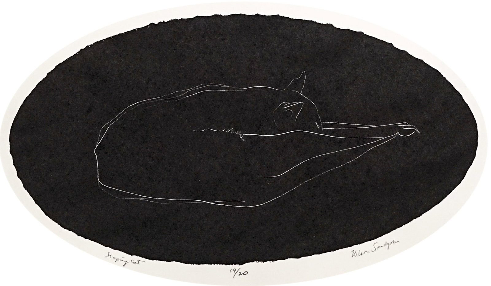 Nelson Sandgren SIGNED #19/20 [Sleeping Cat]: Nelson Sandgren (American, 1917-2006) lithograph pencil signed, titled 'Sleeping Cat' and numbered 19/20 lower margin. Sheet measures 19.75 x 28.5 in. Unframed, loose, not glued down or mounted. Print