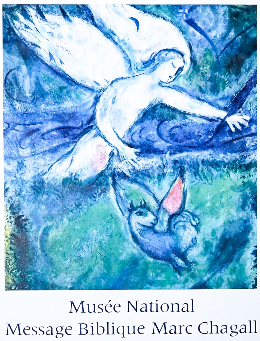 Marc Chagall - Musee National Poster: Marc Chagall (1887-1985) Musee National Message Biblique lithographic poster. Nice, France. Printed by Mourlot. Poster measures 30.25 x 20 in. SHIP'S ROLLED IN TUBE. Unframed, loose, not glued down or