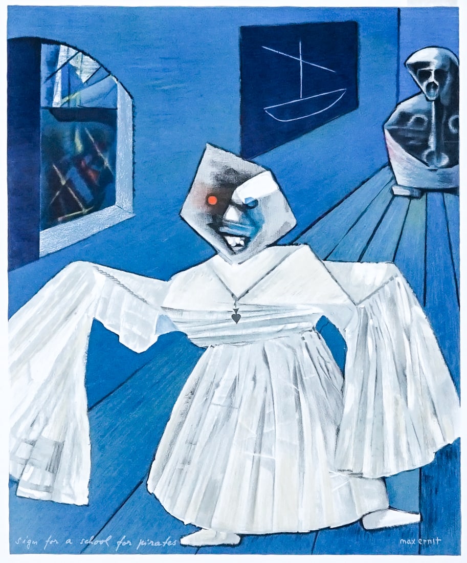 Max Ernst - Atelier Mourlot 1967 Poster: Max Ernst (1891-1976) Lithographic Poster plate signed lower right. Atelier Mourlot (Sign for a school for pirates), 1967. Poster measures 27.875 x 21 in. Small smudge and mark lower left corner; tape