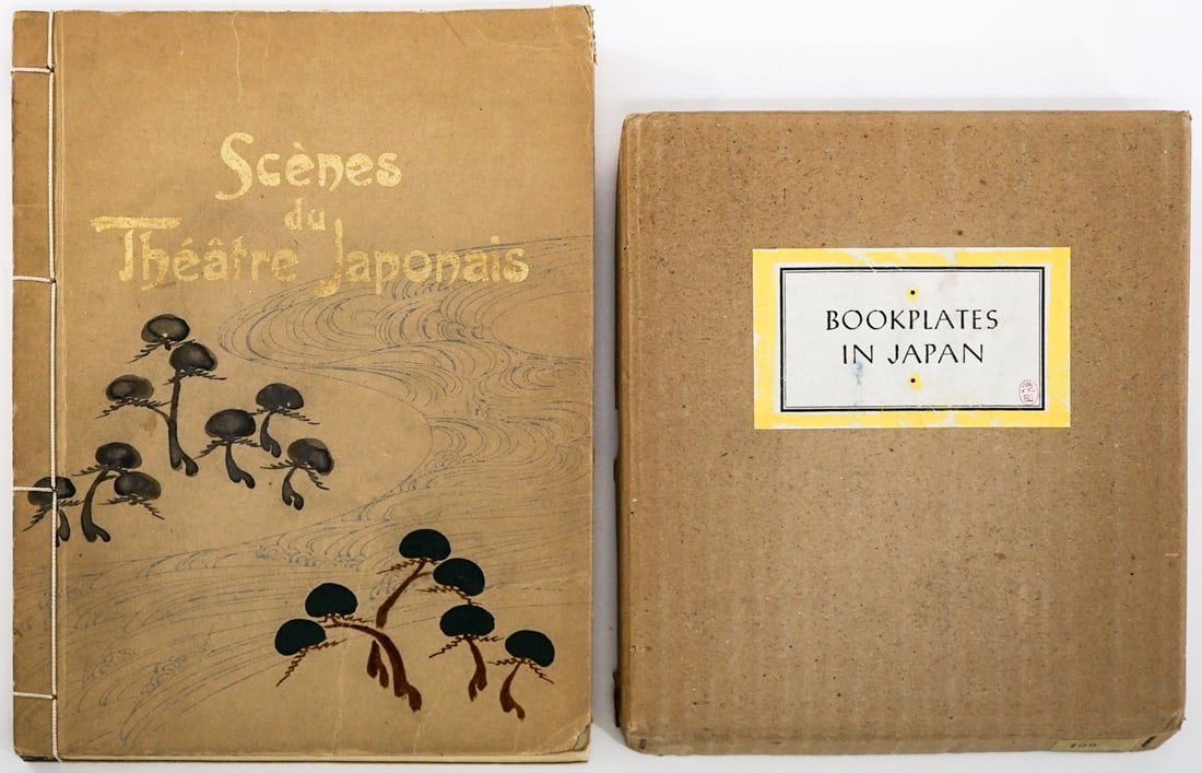 Japanese Art - Bookplates / Theatre Scenes: 1) Bookplate in Japan. 50 plates. Edited by Shozo Saito. Meiji-Shobo, Tokyo. 2) Scenes du Theatre Japonais. T. Hasegawa, Japan, 1900. Color illustrations. Book lot measures 11 in. H x 8.25 in. W x 2 i