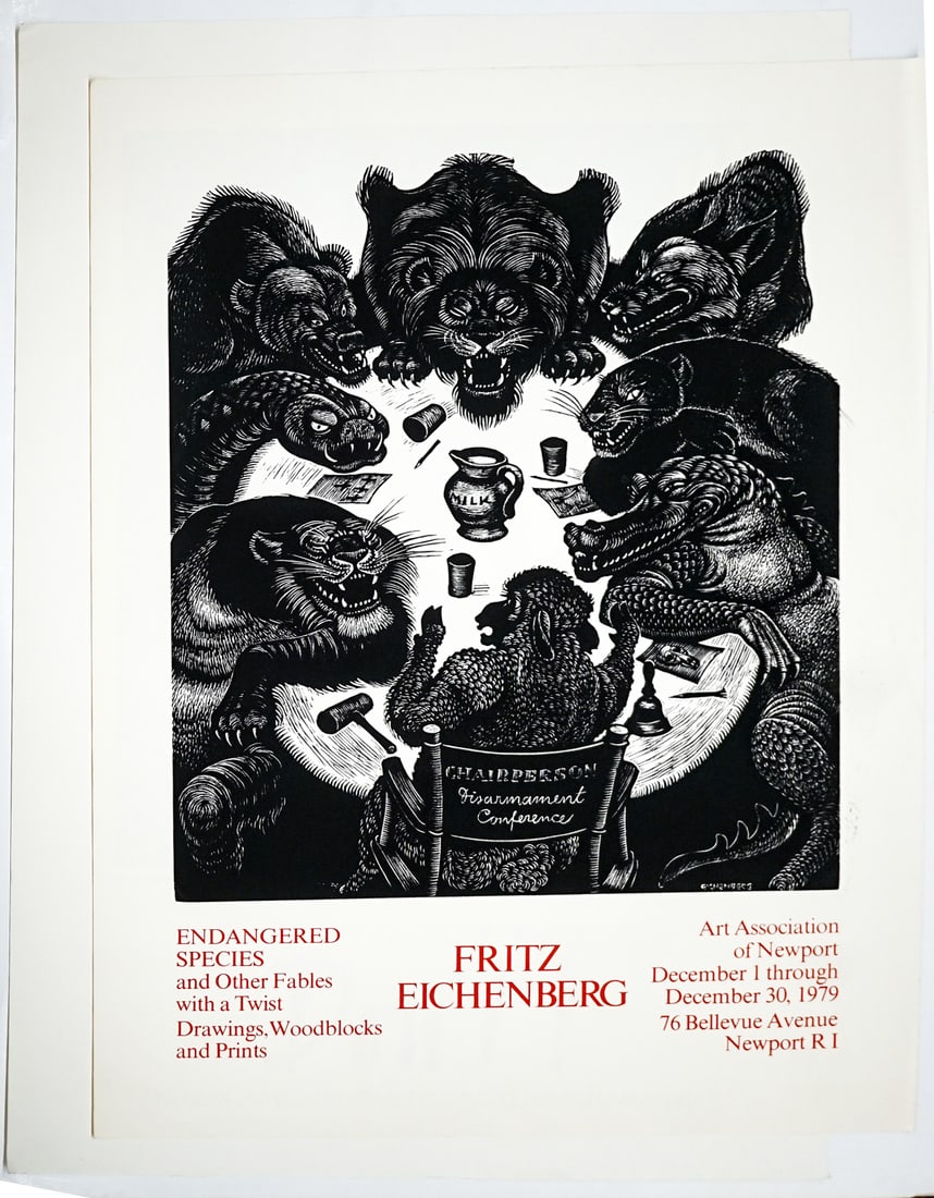 Fritz Eichenberg (2) Exhibition Woodcut Posters: Two (2) Fritz Eichenberg (German-American, 1901-1990) exhibition posters. 1) Endangered Species - Art Association of Newport 1979 measures 35 x 26 in. 2) Dance of Death - Don't Teach Your Children Vio