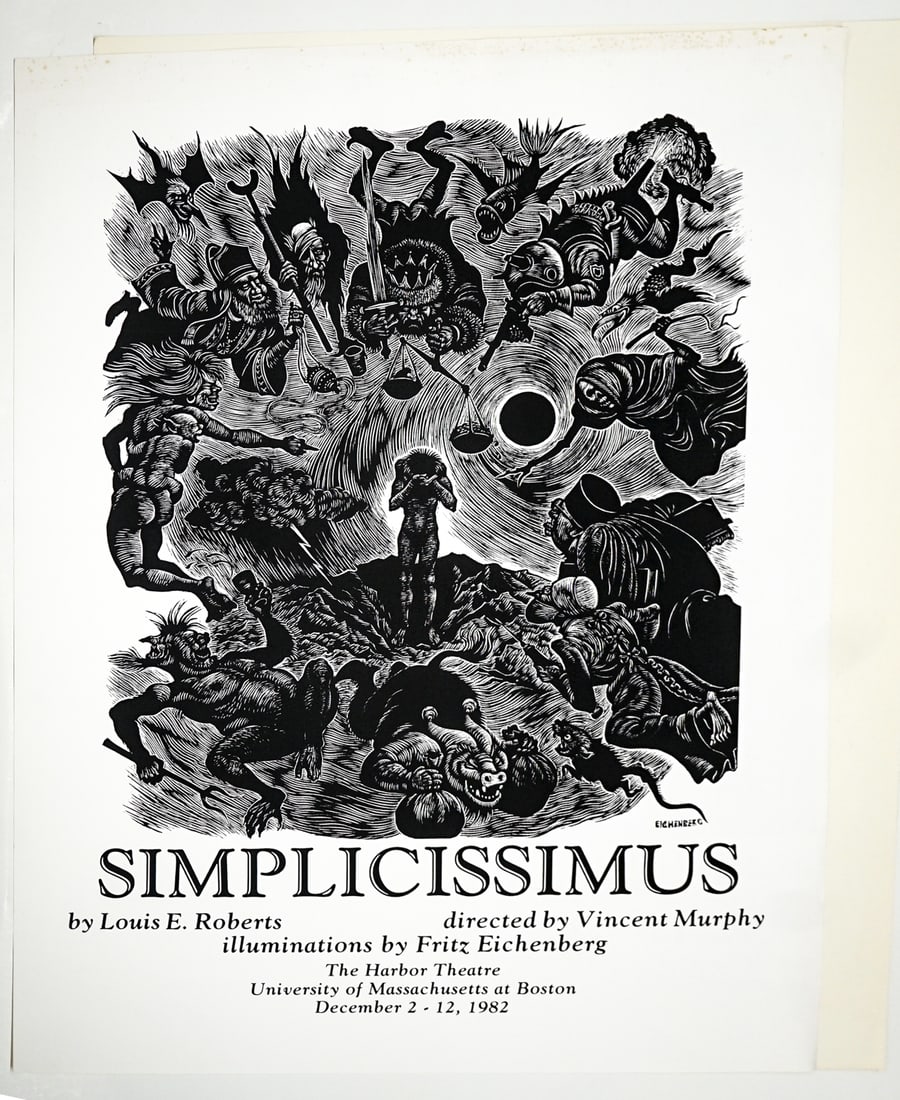 Fritz Eichenberg (2) Exhibition Woodcut Posters: Two (2) Fritz Eichenberg (German-American, 1901-1990) exhibition posters. 1) Endangered Species - Art Association of Newport 1979 measures 35 x 26 in. 2) Simplicissimus 1982 The Harbor Theatre measure