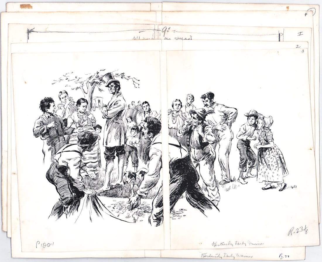 Kentucky Derby Winner Illustration Art McMeekin: Isabel McLennan McMeekin (1895-1973) original illustration art for the 1949 book Kentucky Derby Winner. Sheets measure up to 14.5 x 20.75 in. Unframed, loose, not glued down or mounted. Lot measures 2