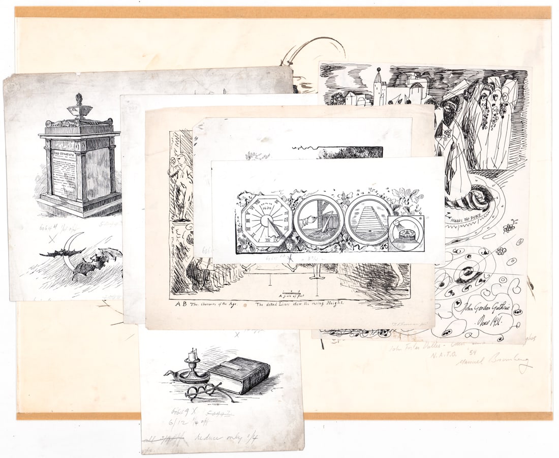 Original (7) Drawings & Illustrations: Seven (7) original drawings and illustrations measure 4 to 16.5 in. x 9.25 to 21.25 in. Artists include: John Gordon Guthrie; Manuel Bramberg (sketch of John Foster Dulles and Ambassador Hughes at a N