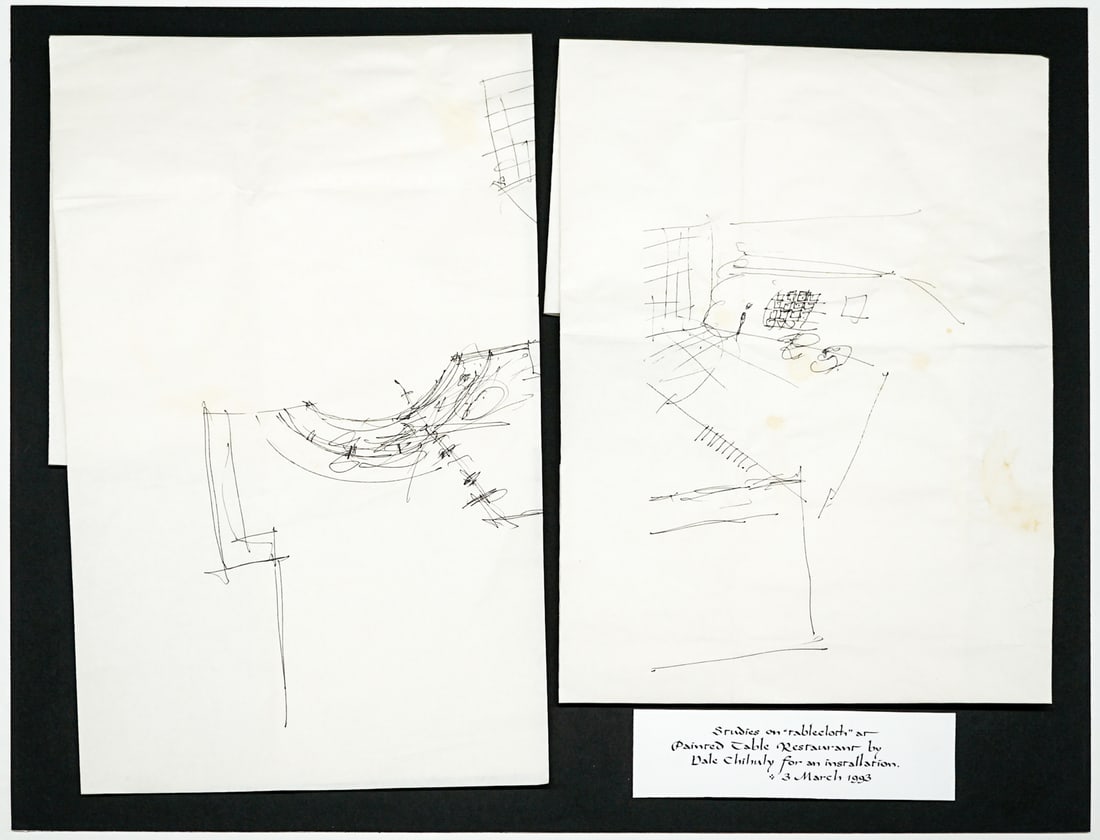 Dale Chihuly Studies [Painted Table Restaurant]: Dale Chihuly (American, b.1941) studies on 'tablecloth' at 'Painted Table Restaurant' for an installation - 3 March, 1993. Attached with double sided tape to foam board that measures 21.25 x 26.625 in