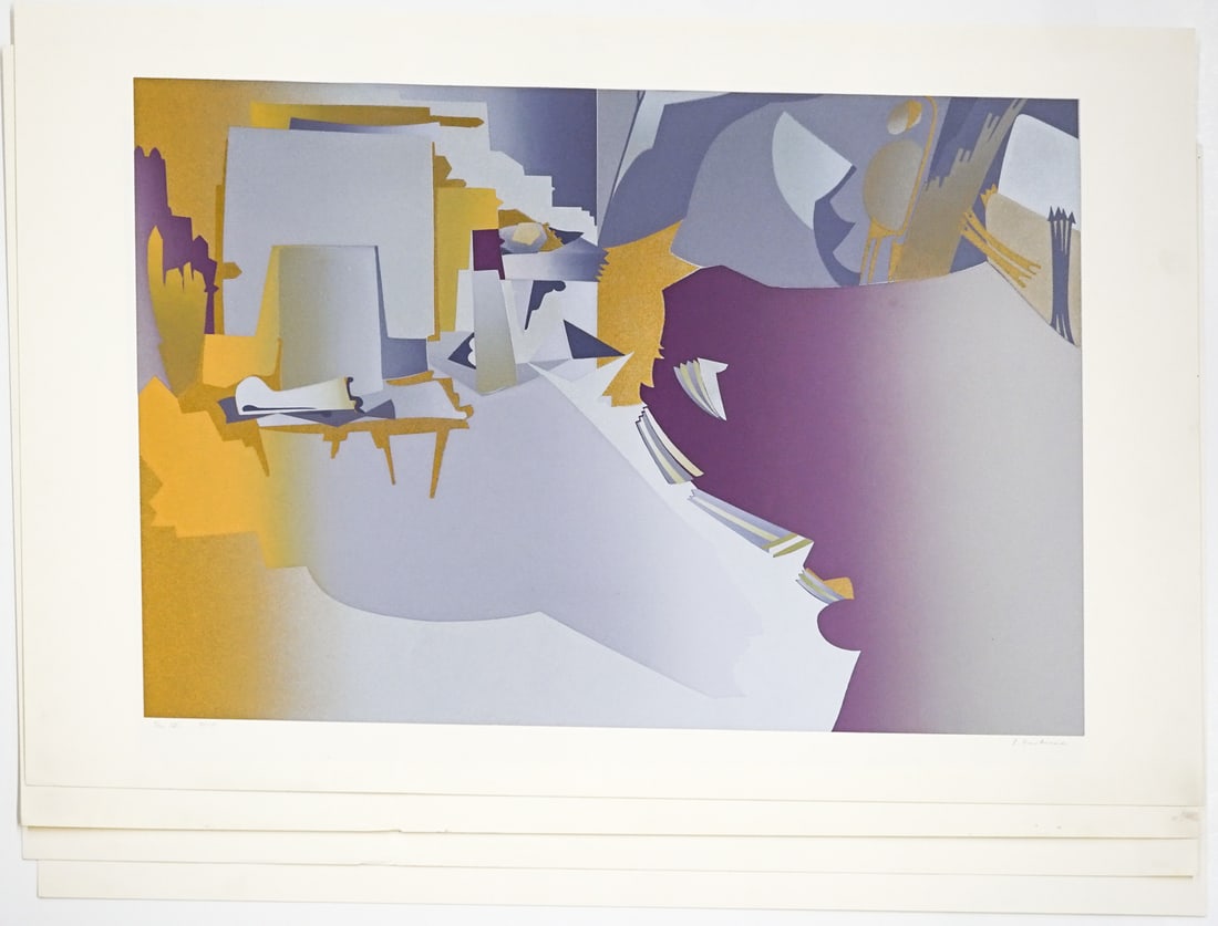Illegibly SIGNED (4) Serigraphs [Abstract]: Four (4) same artist illegibly signed serigraphs. Sheets measure 22 x 30 in. Unframed, loose, not glued down or mounted. Print lot measures 30.5 in. H x 24 in. W x .25 in. D for shipping purposes only