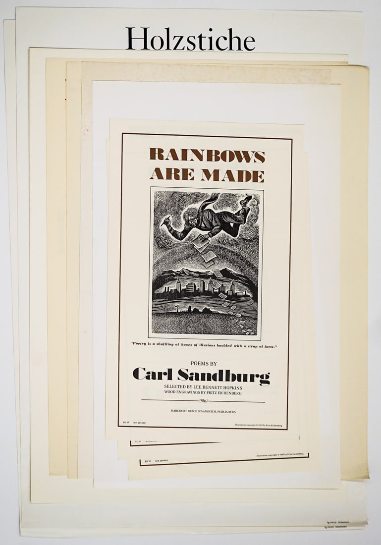 Fritz Eichenberg (10) Exhibit Posters [5 SIGNED]: Fritz Eichenberg (German-American,1901-1990) exhibition posters. Includes: five (5) signed wood engravings (Nightwatch; Wuthering Heights x2; Ship of Fools; Myers Cafeteria). Unsigned includes: AFS Ga