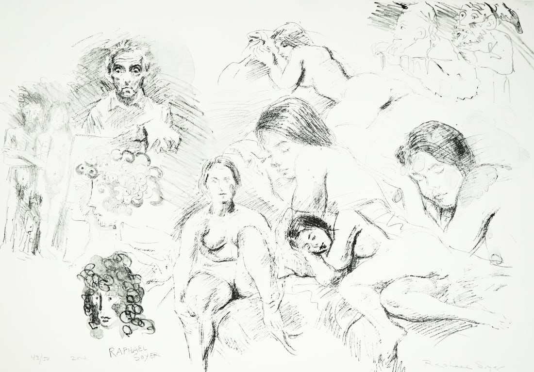 Raphael Soyer SIGNED Litho #43/50: Raphael Soyer (1899-1987) lithograph pencil signed and numbered 43/50 lower margin. Sheet measures 22 x 30 in. Unframed, loose, not glued down or mounted. Print lot measures 24 in. H x 32 in. W x .25
