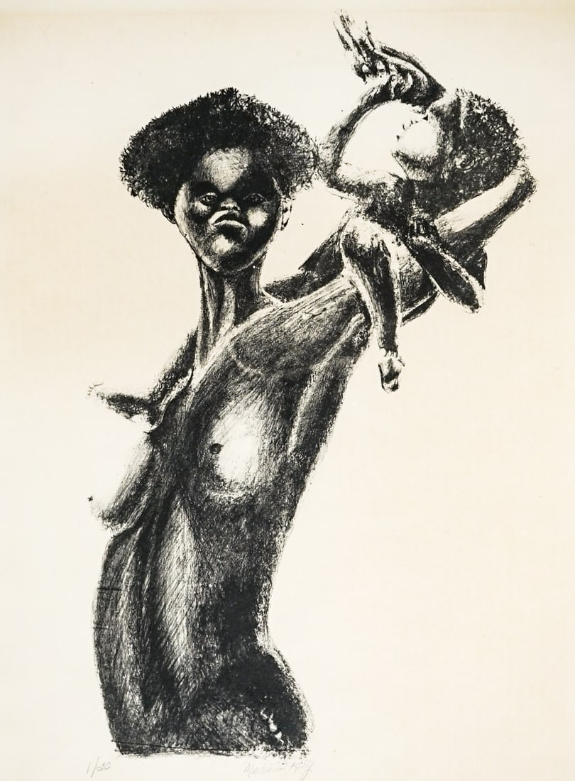 M. King SIGNED Lithograph #1/20 [Woman/Baby]: Lithograph artist signed and numbered 1/20 lower margin. Sheet measures 29.75 x 22.25 in. Unframed, loose, not glued down or mounted. Print lot measures 31 in. H x 24.25 in. W x .125 in. D for