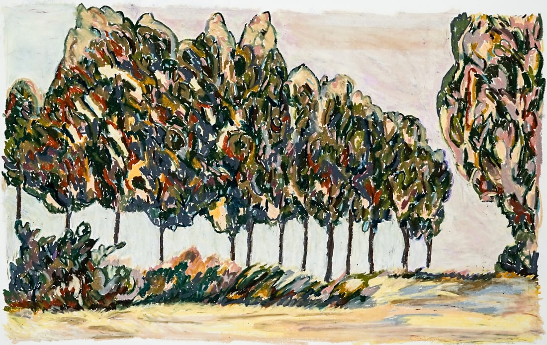 Unsigned Oil on Paper [Trees}: Sheet measures 22 x 30 in. Unframed, loose, not glued down or mounted. Print lot measures 24 in. H x 31.25 in. W x .25 in. D for shipping purposes only. The absence of a condition report does not