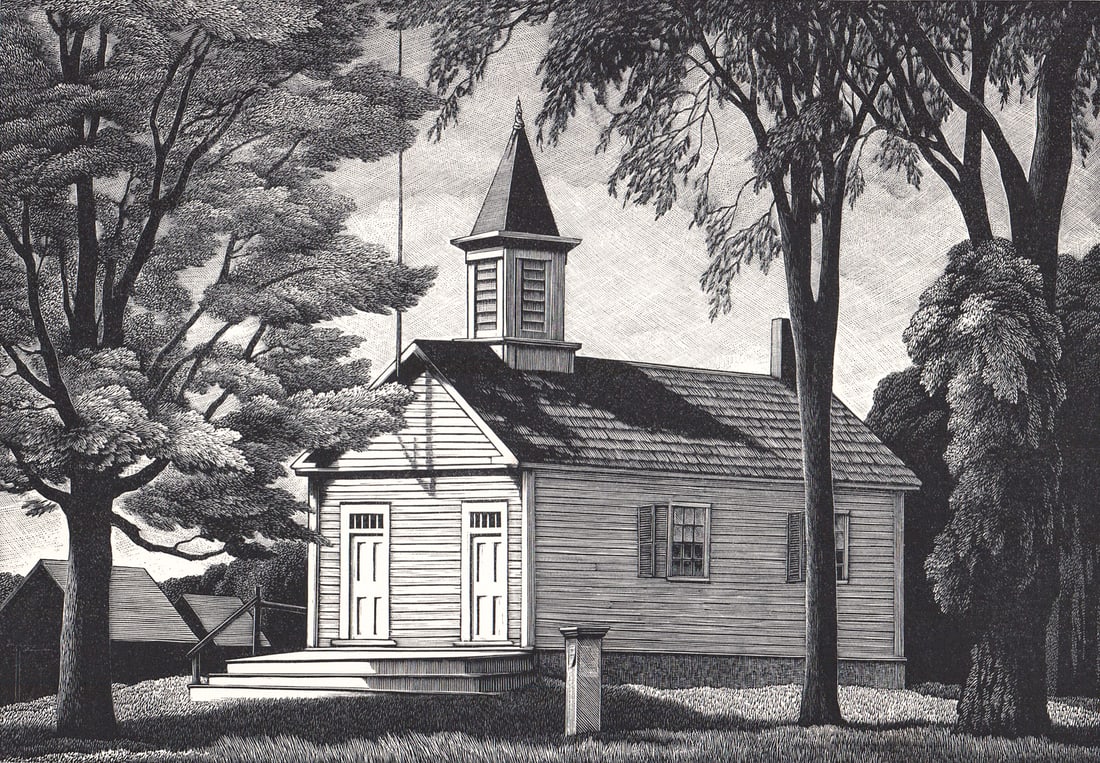 Thomas W. Nason SIGNED Wood Engraving: Thomas W. Nason AAA artist (1889-1971) original wood engraving pencil signed lower right. Titled: 'District Schoolhouse'. Image measures 6.75 x 9.75 in. Sheet measures 9.5 in. x 11.75 in. Unframed, lo