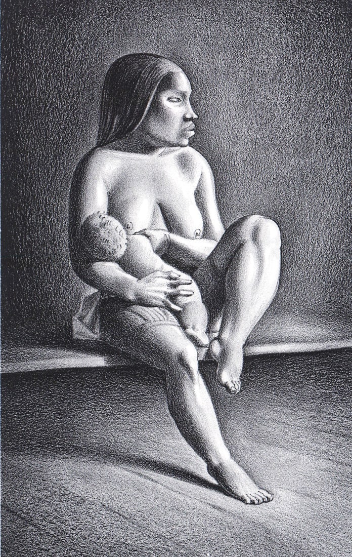Rockwell Kent SIGNED Litho [Mother / Child]: Rockwell Kent (American, 1882 - 1971) pencil signed lithograph Greenland Mother nursing baby. Signed in pencil 'Rockwell Kent' lower right. Image measures 7 in. x 4.5 in. and sheet measures 15.875 in.