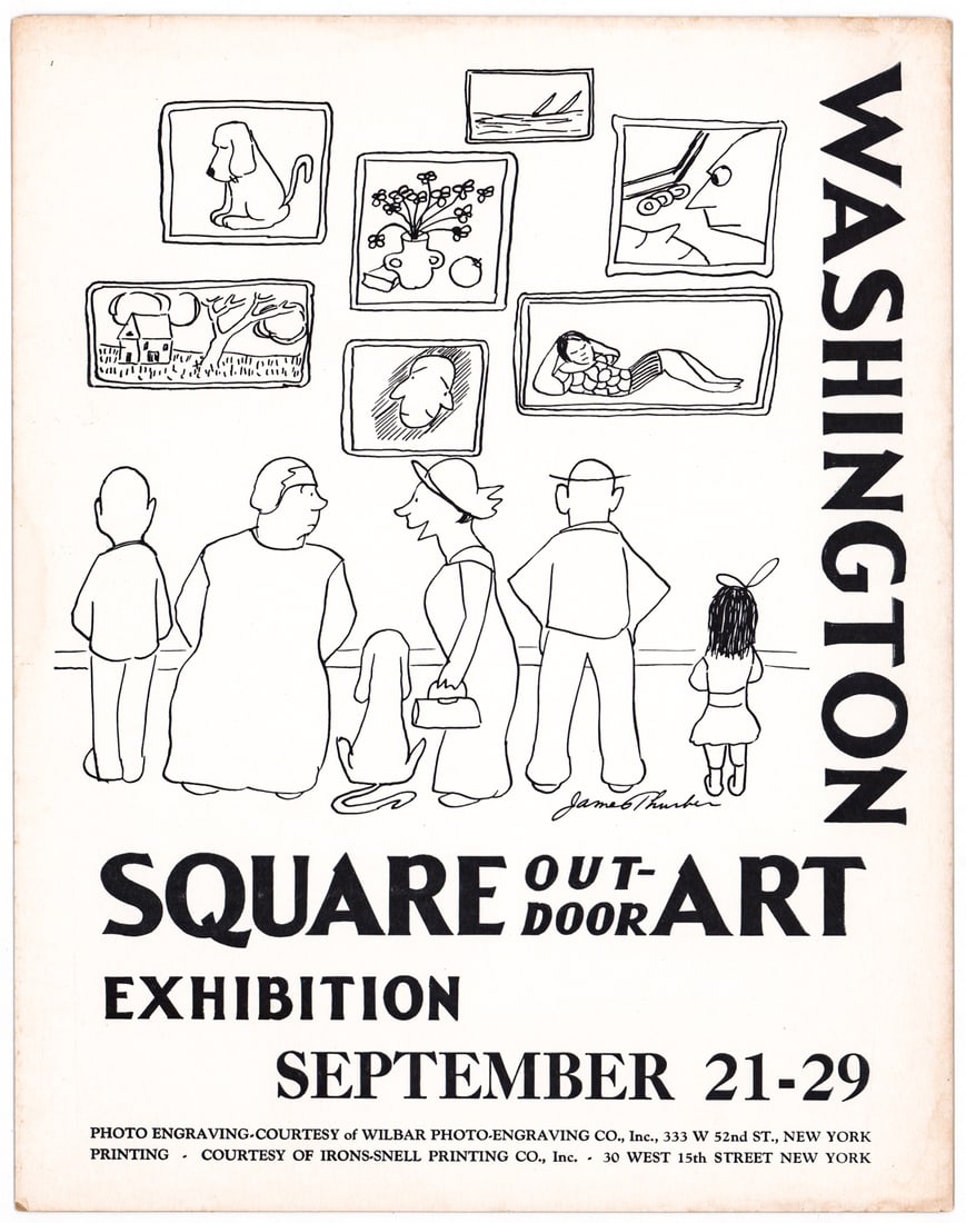 1935 James Thurber, Washington Square Broadside: 1935 James Thurber (American, 1894 - 1961) Washington Square Outdoor Art Exhibition September 21 - 29. Plate signed 'James Thurber'. Measures 14 x 11 in. Unframed, loose, not glued down or mounted. Pr