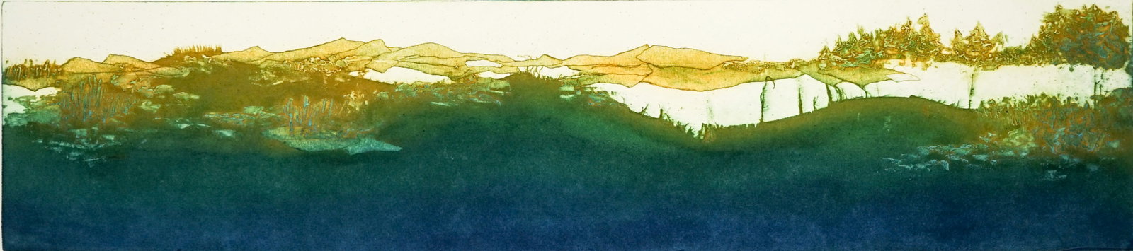 Ruth Rodman SIGNED Print [Abstract]: Ruth Rodman (20th Century, Boston) etching and aquatint pencil signed, numbered 8/100 and titled 'A Quiet Memory IX' lower margin. Image measures 8 x 33.25 in. Sheet measures 12 x 38 in. SHIPS ROLLED 