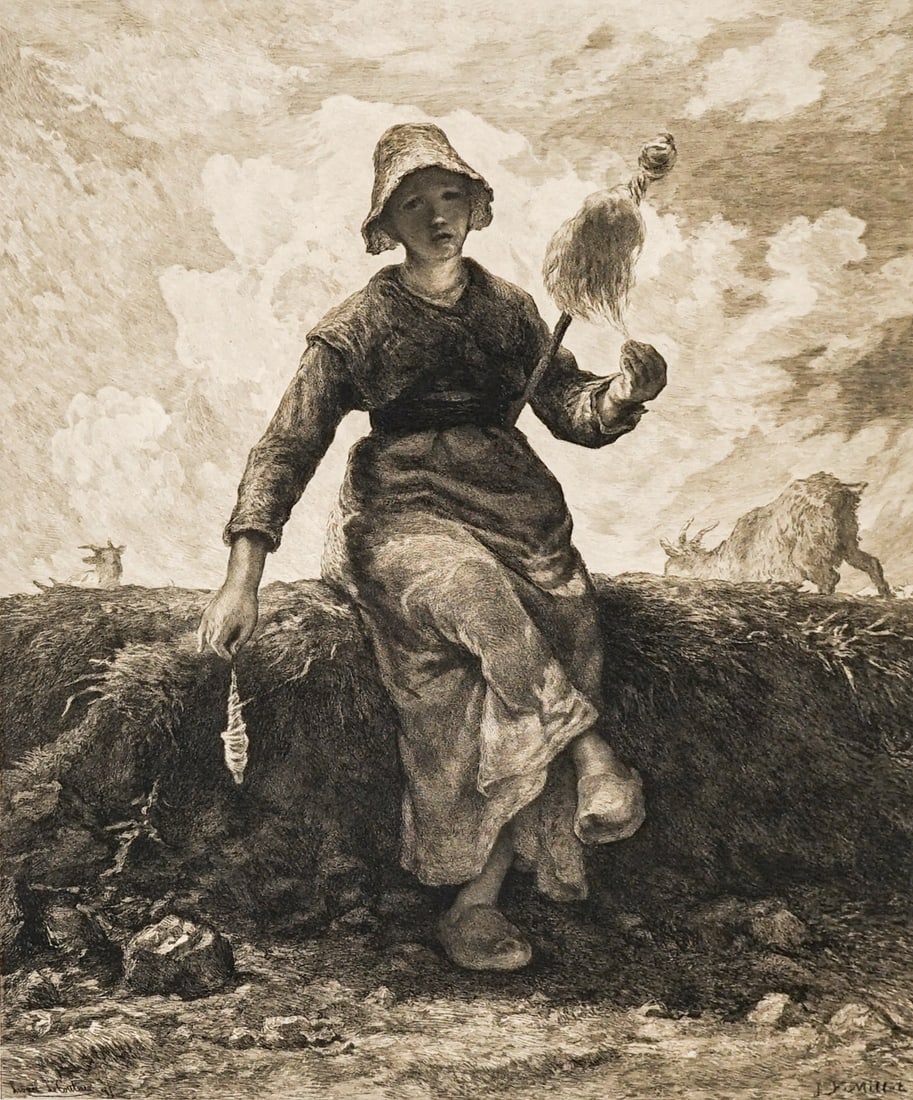 Antique Engraving 'The Spinner' J. F. Millet (1 of 6)