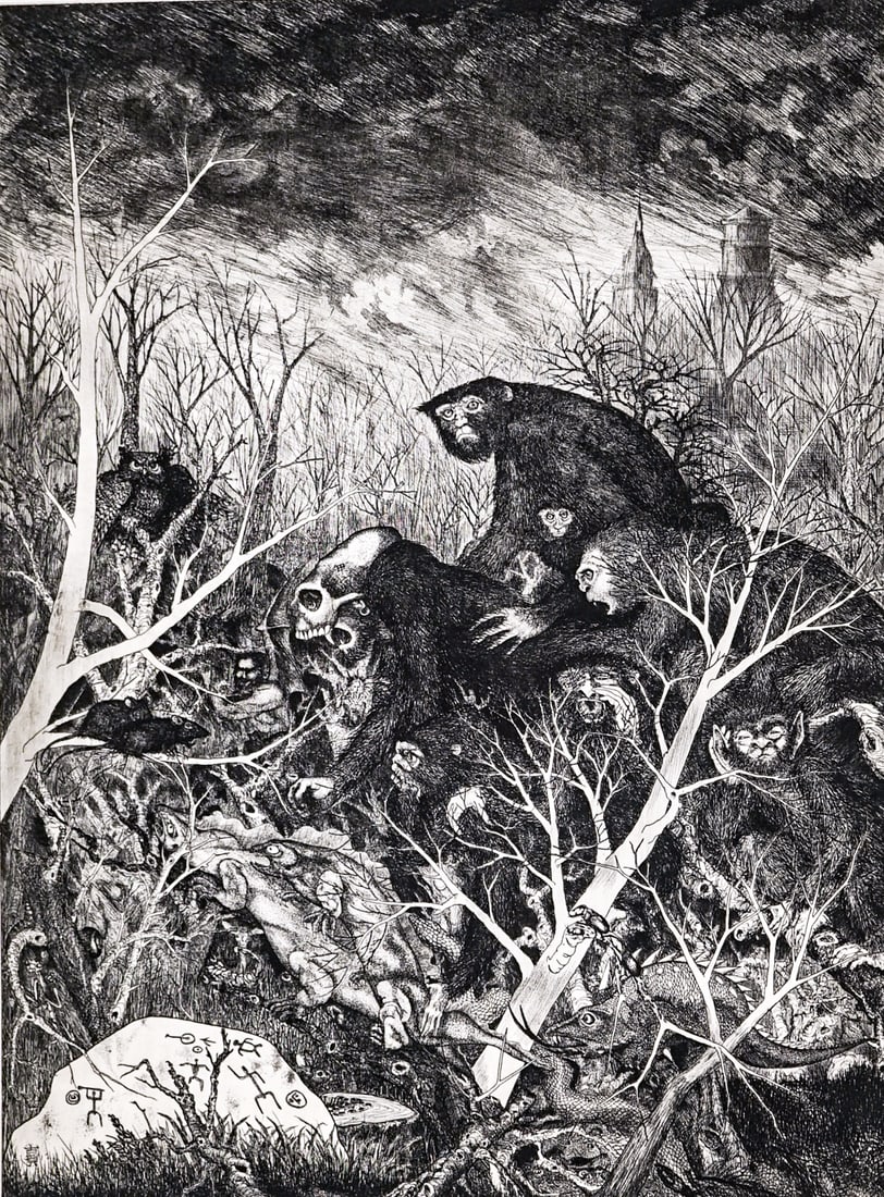 Akea's Kingdom Kapahaunaumoku ETCHING: Illegibly signed etching titled 'Akea's Kingdom Kapahaunaumoku', inscribed and dated 1974. Image measures 23.75 x 19.75 in. Sheet measures 30 x 22 in. Unframed, loose, not glued down or mounted. Print