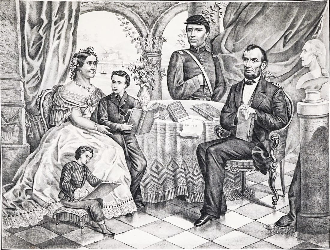 Lincoln and His Family Lithograph [ca. 1865]: Lincoln and His Family published by William Smith, Philadelphia. Sheet measures 24 x 30 in. Tears at edges outside of image. Unframed, loose, not glued down or mounted. Print lot measures 24.25 in. H 