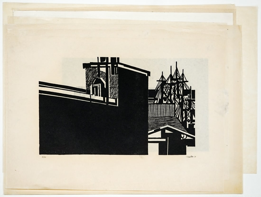 Roger Martin (9) Woodcuts SIGNED: Nine (9) Roger Martin (Massachusetts) pencil signed woodcuts. Sheets measure 18 to 26.5 in. x 17 to 28 in. Unframed, loose, not glued down or mounted. Print lot measures 30.5 in. H x 24.25 in. W x .12