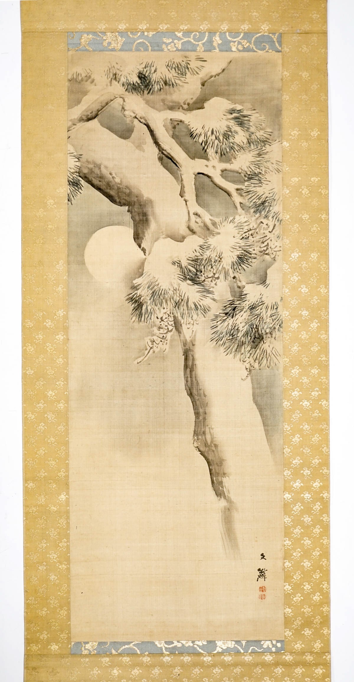 Shiokawa Bunrin Original Scroll Painting: Moon and Snow-Covered Pine. Hanging scroll: ink and light color on silk. This painting is signed and sealed. One of the typical subjects associated with this chool. Possibly Bunrin's work. Shiogawa Bu