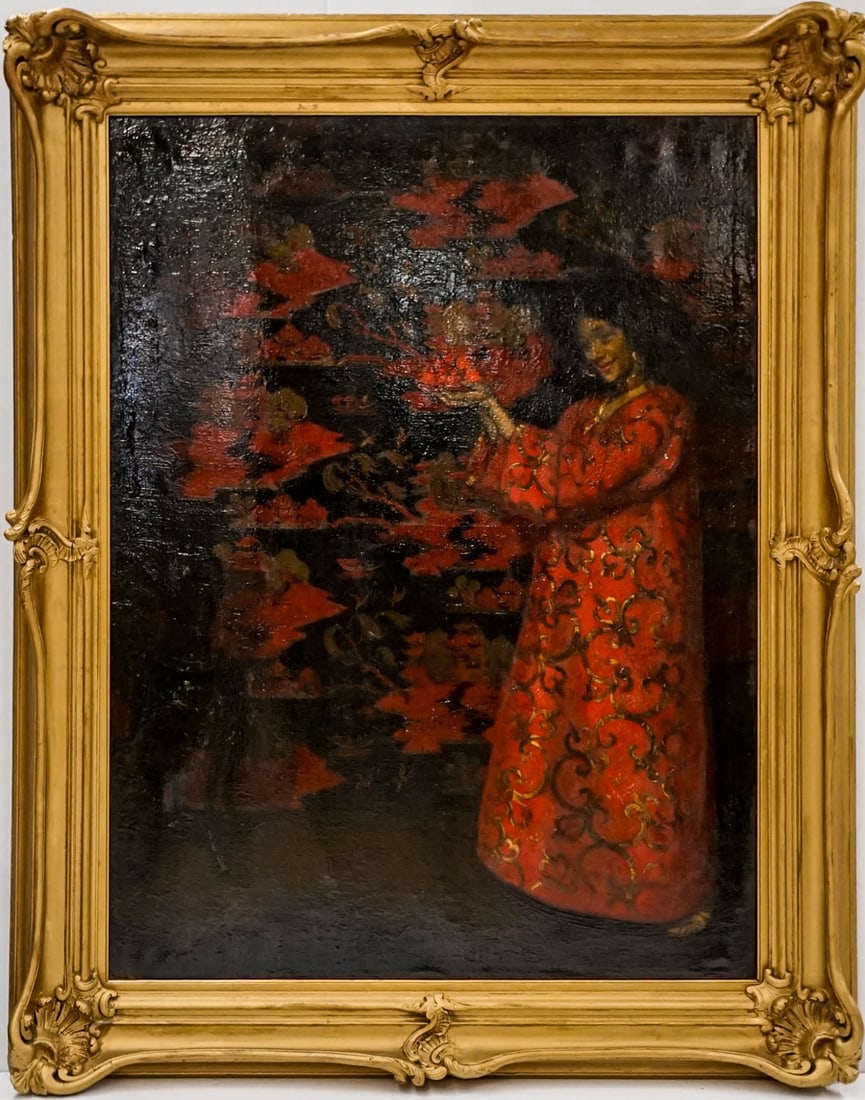John Mansfield Crealock Large Oil Painting: John Mansfield Crealock (United Kingdom/Ireland, 1871-1959) Large Oil Painting. Measures 51 x 38 inches image size and 63 x 50 framed. This well-travelled oil has been exhibited many times as the labe