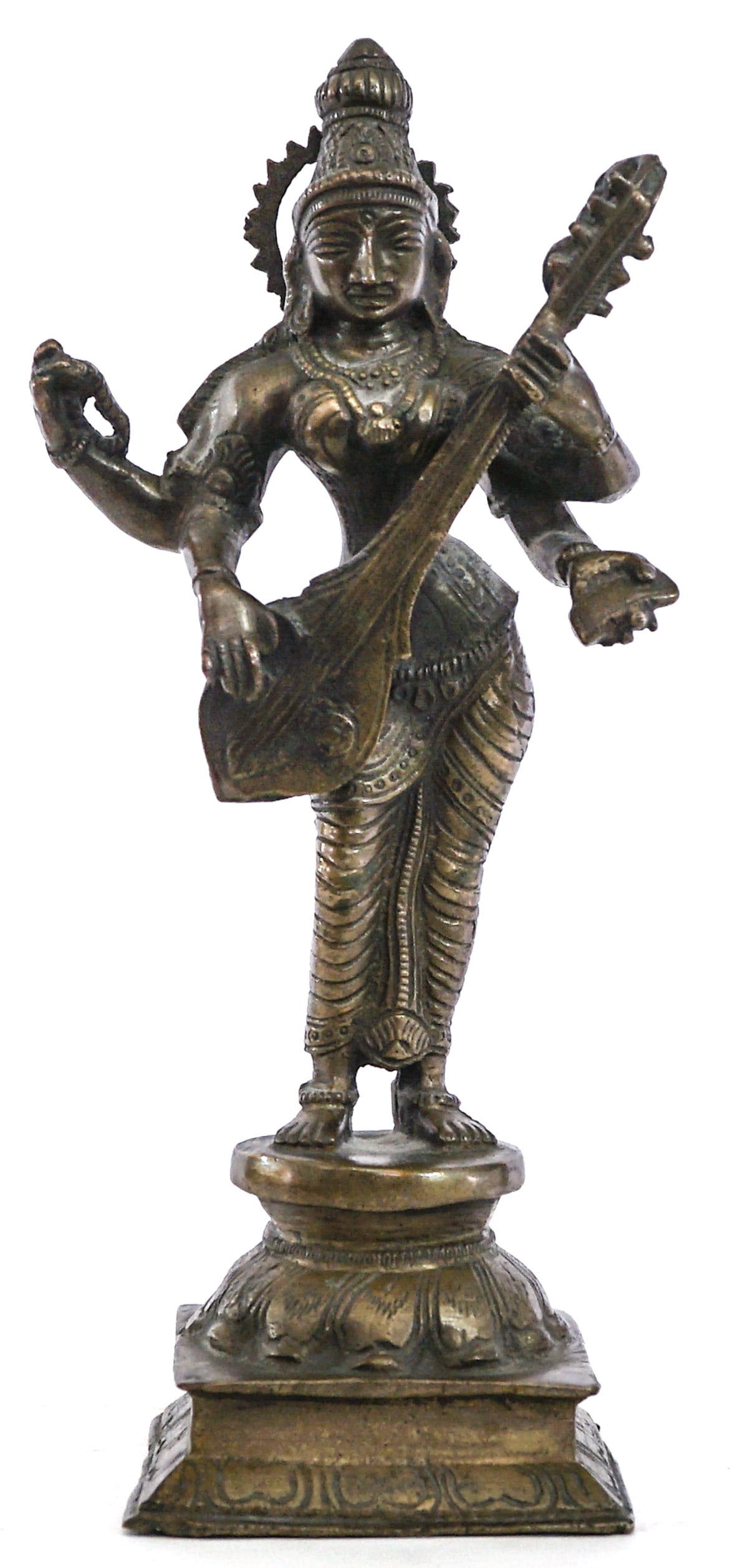 South Indian Bronze 12IN Saraswati: Measures 12 tall x 5.5 x 3.75 in. No evident cracks, chips or repairs. Lot measures 12 in. H x 5.5 in. W x 3.75 in. D for shipping purposes only. The absence of a condition report does not imply that 