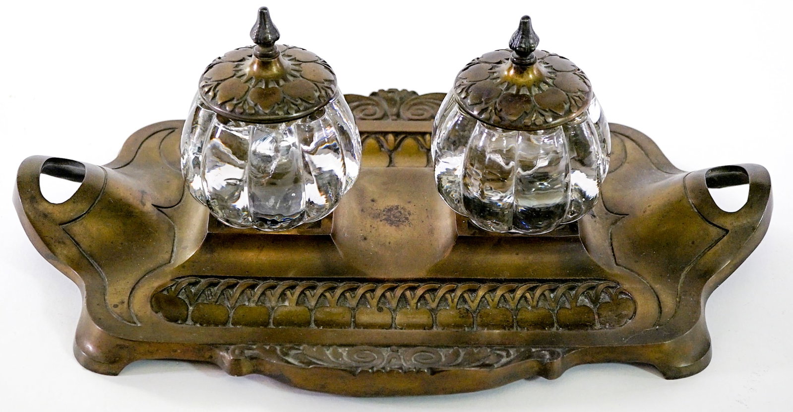 Pair of Bronze Lidded Ink Wells with Base (1 of 5)