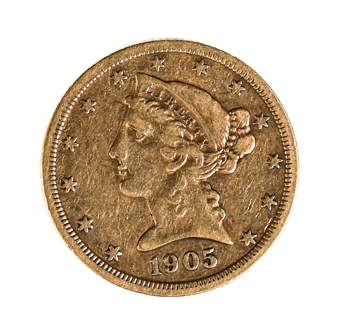 1905 S US $5 Gold Coin: Weighs 8.20 grams, 21mm. This lot requires a Wire or Zelle transfer. Our in-house shipping department will gladly pack and ship any item that fits into a 14x14x14 inch or 30x5x24 inch or equivalent or