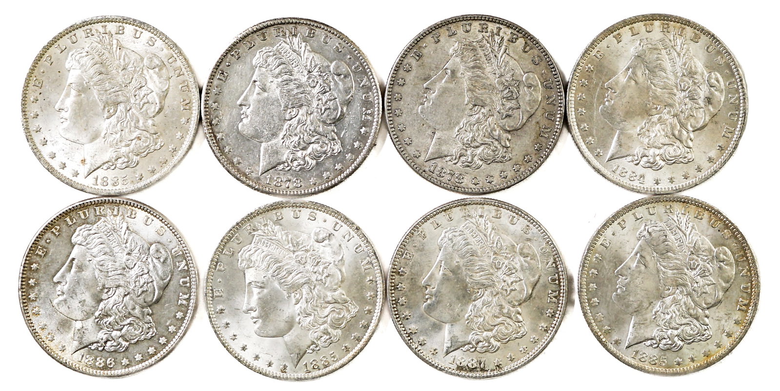 (8) U.S. Morgan Silver Dollars: Assorted dates, mixed condition. Our in-house shipping department will gladly pack and ship any item that fits into a 14x14x14 inch or 30x5x24 inch or equivalent or smaller box/folio if it is not frag