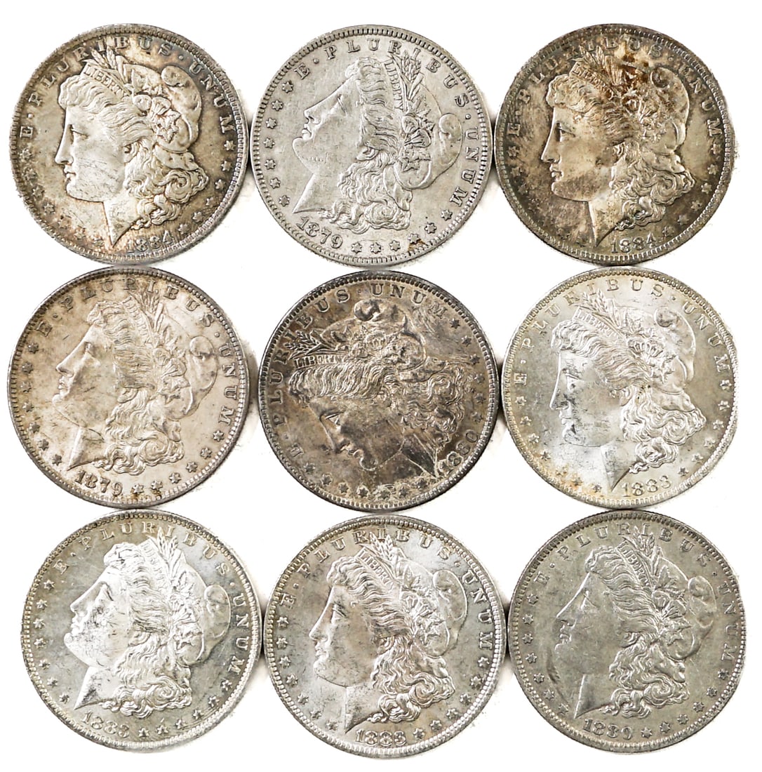 (9) U.S. Morgan Silver Dollars: Assorted dates, mixed condition. Our in-house shipping department will gladly pack and ship any item that fits into a 14x14x14 inch or 30x5x24 inch or equivalent or smaller box/folio if it is not frag