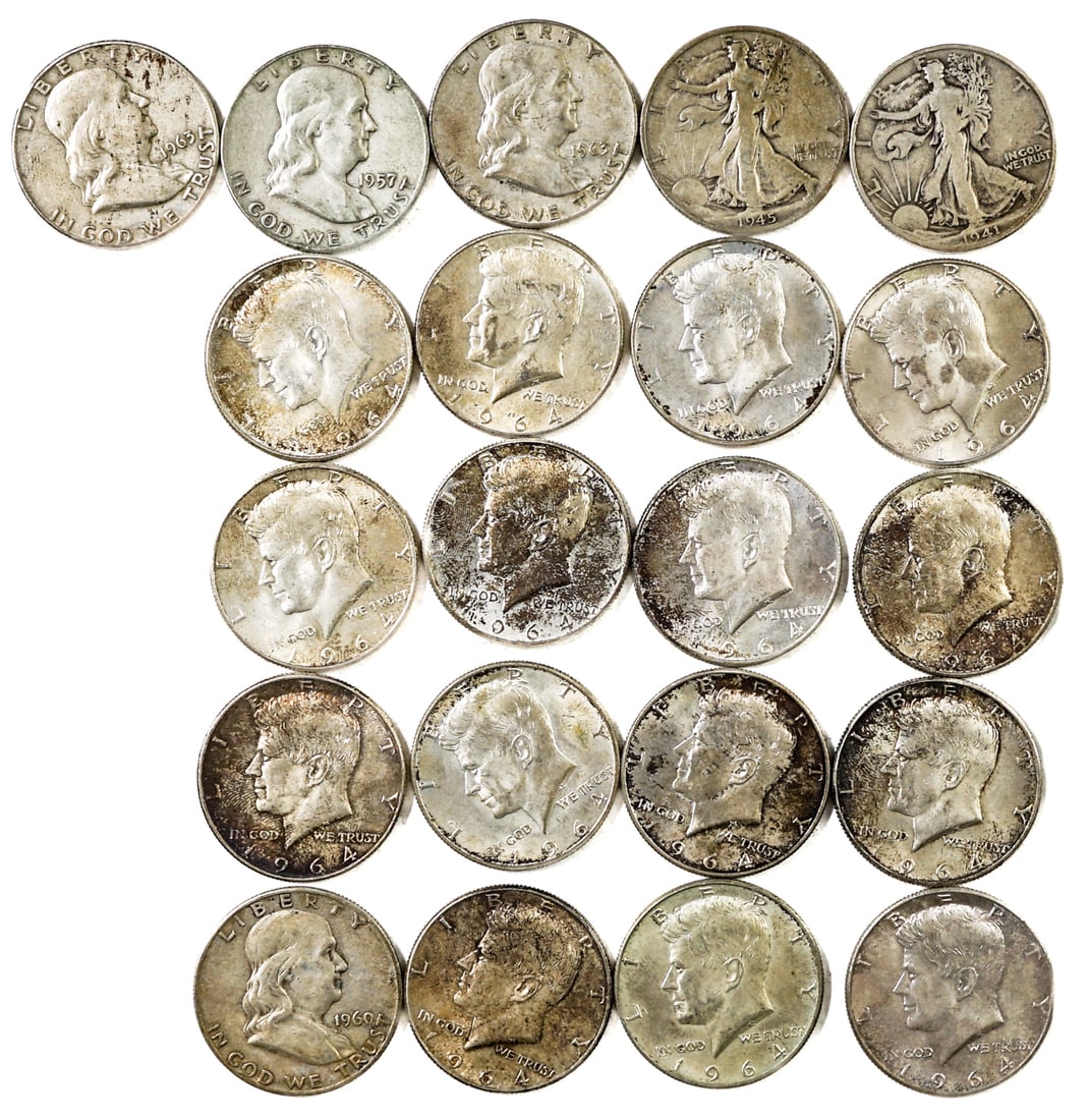 (21) 1941-1964 U.S. Silver Half Dollars: Assorted dates, mixed condition. Our in-house shipping department will gladly pack and ship any item that fits into a 14x14x14 inch or 30x5x24 inch or equivalent or smaller box/folio if it is not frag