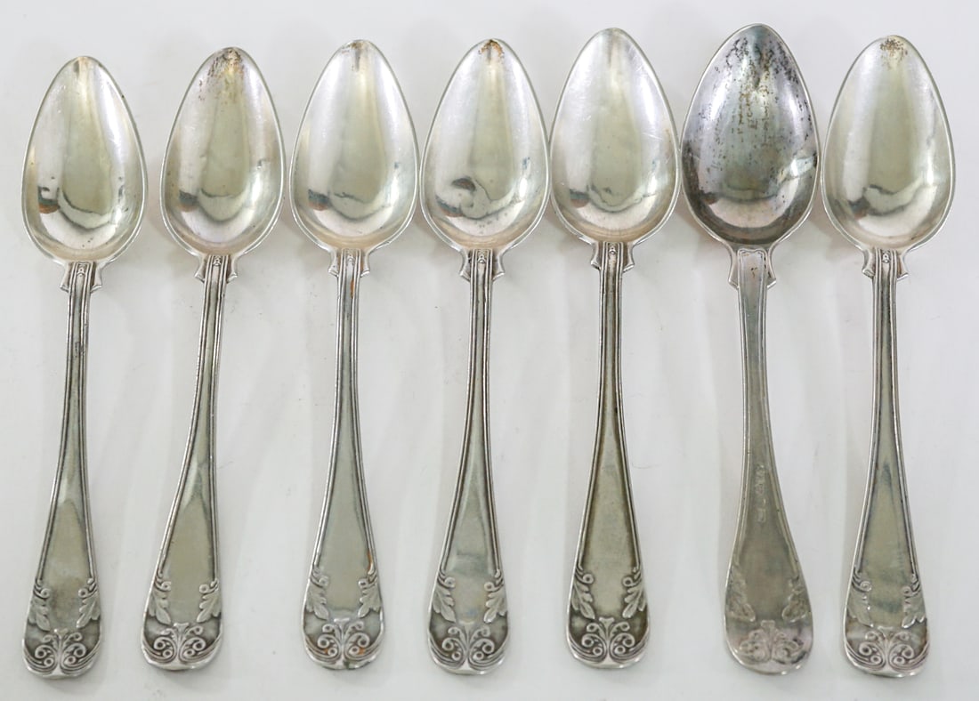 Silver (7) Teaspoons [Sweden - Circa 1845] 134g: Seven (7) silver 5.875 in. teaspoons. Circa 1845 Sweden weigh 134 grams. Monogrammed. Lot measures 6 in. H x 5 in. W x 1.5 in. D for shipping purposes only. The absence of a condition report does not