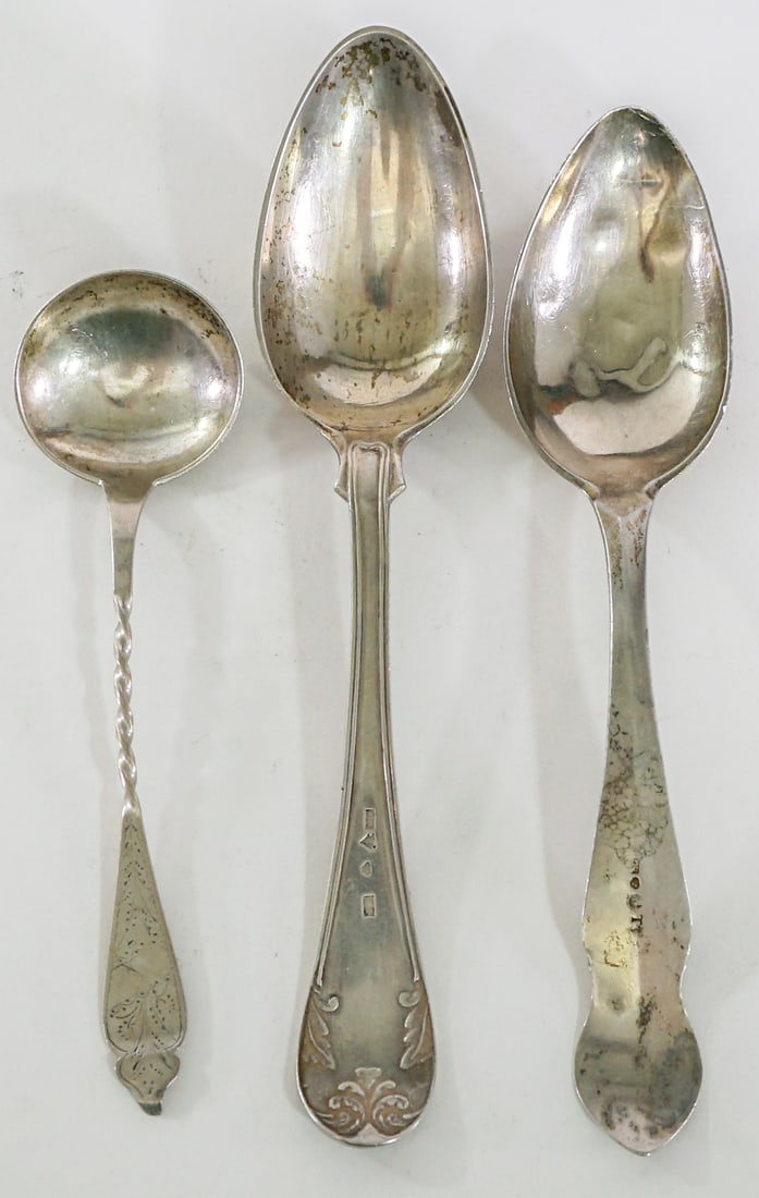 Sterling (3) Serve Pieces [Sweden & Norway] 114g: Three (3) sterling serving pieces include: 1) 8 inch serving spoon circa 1825 Sweden. 36 grams. 2) 8.5 inch serving spoon circa 1858 Sweden (monogrammed). 64 grams. 3) 6.25 inch sugar spoon marked P.