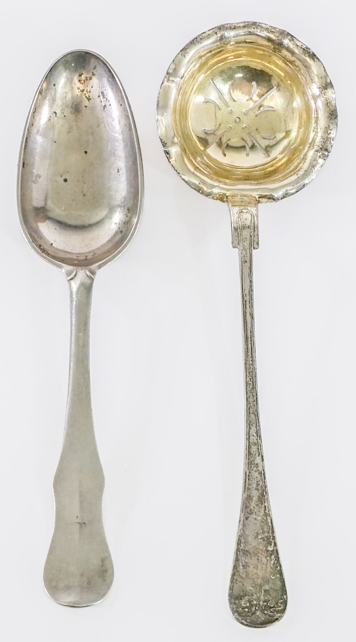 Swedish & Dutch (2) Antique Serving Spoons: Two (2) spoons include: 1) 18th century N. Dyker, Sweden 8 inch serving / meal spoon stamped 'N. Dyker 2C', and 2 worn hallmarks. Monogrammed. 50 grams. 2) Dutch 8.5 inch early serving / tea strainer