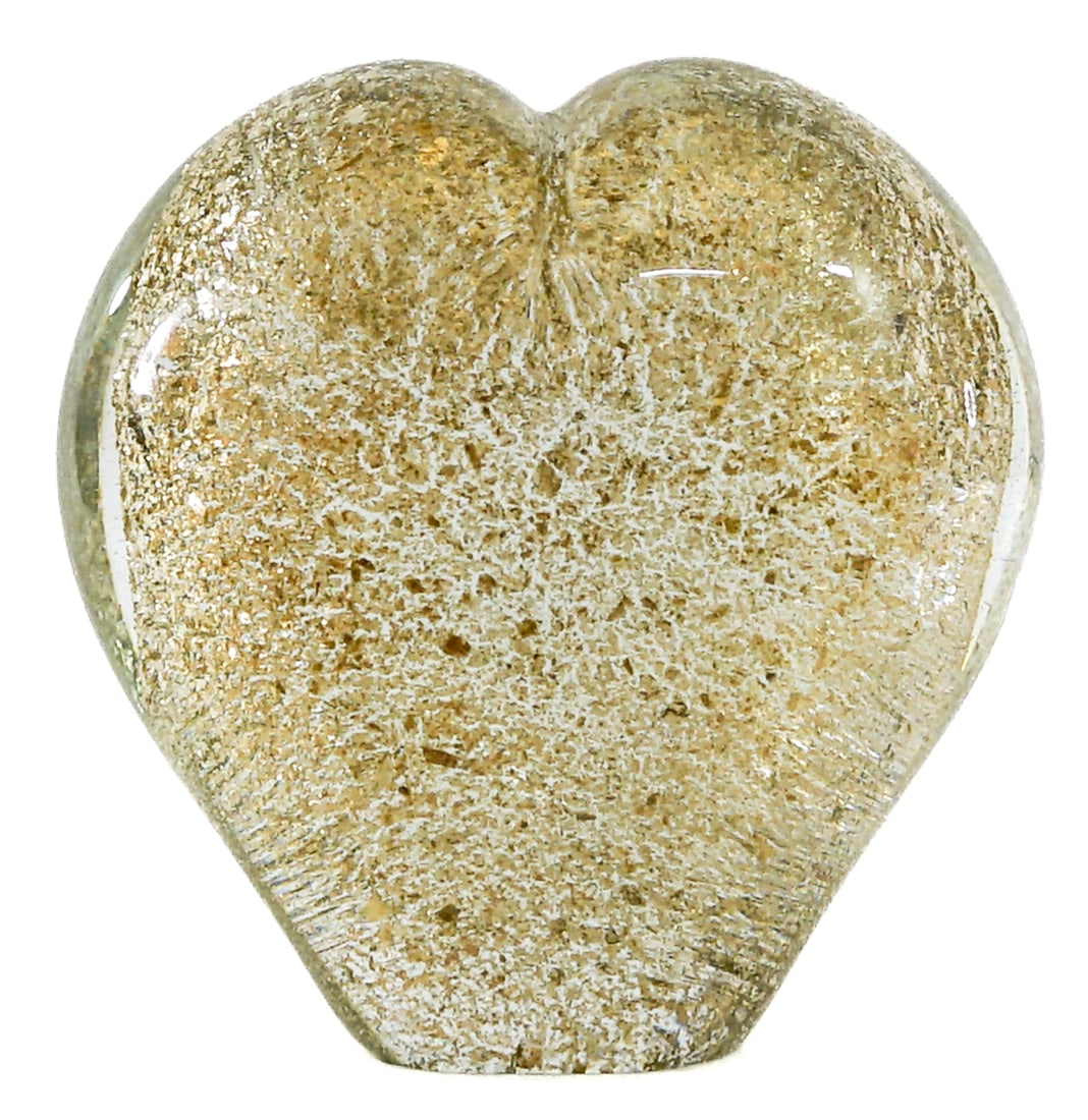 Large 5.75IN Art Glass Sculpture [Heart Shape]: Gold fleck heart shaped sculpture. Unsigned. Measures 5.75 in. tall x 5.5 in. wide x 2.75 in. deep. No evident cracks, chips or repairs. Lot measures 5.75 in. H x 5.5 in. W x 2.75 in. D for shipping p