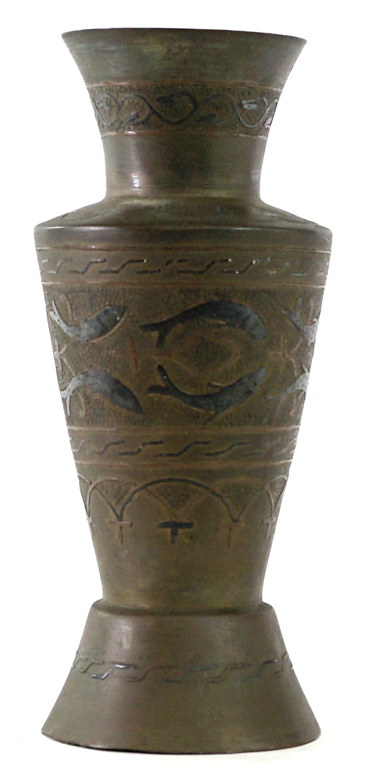 Antique Egyptian Mixed Metal 7.5IN Vase: Lot measures 7.5 in. H x 3.25 in. W x 3.25 in. D for shipping purposes only. The absence of a condition report does not imply that the lot is in perfect condition or completely free from wear and tear