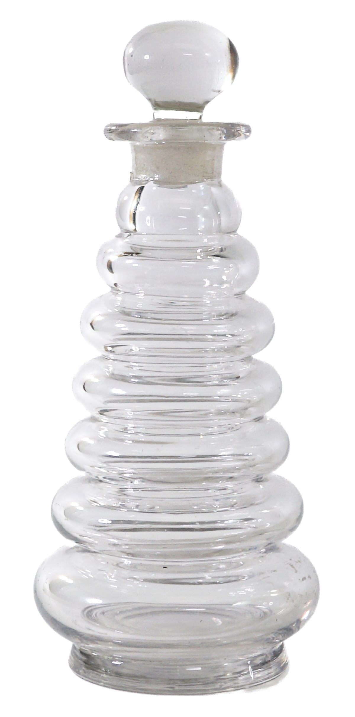 Vintage Beehive Ringed Decanter 7.5IN w/Stopper: Measures 7.5 in. with stopper x 3.5 in. diameter. No evident cracks, chips or repairs. Lot measures 7.5 in. H x 3.5 in. W x 3.5 in. D for shipping purposes only. The absence of a condition report does