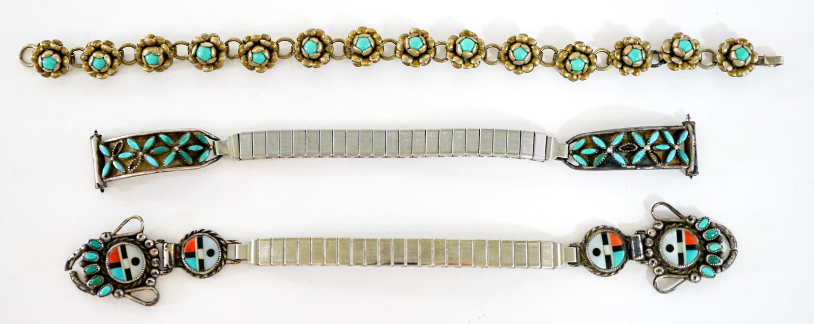 Southwest-Style (3) Turquose Bracelets [Kachina]: Note: There are no clasps on the stretch bracelets. Lot measures 3.5 in. H x 3.5 in. W x 1.5 in. D for shipping purposes only. The absence of a condition report does not imply that the lot is in