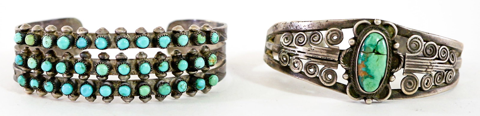 Southwest-Style Turquoise (2) Cuff Bracelets: Measure approximately 6 in. x 1 in. wide. Lot measures 3.5 in. H x 3.5 in. W x 1.5 in. D for shipping purposes only. The absence of a condition report does not imply that the lot is in perfect conditi