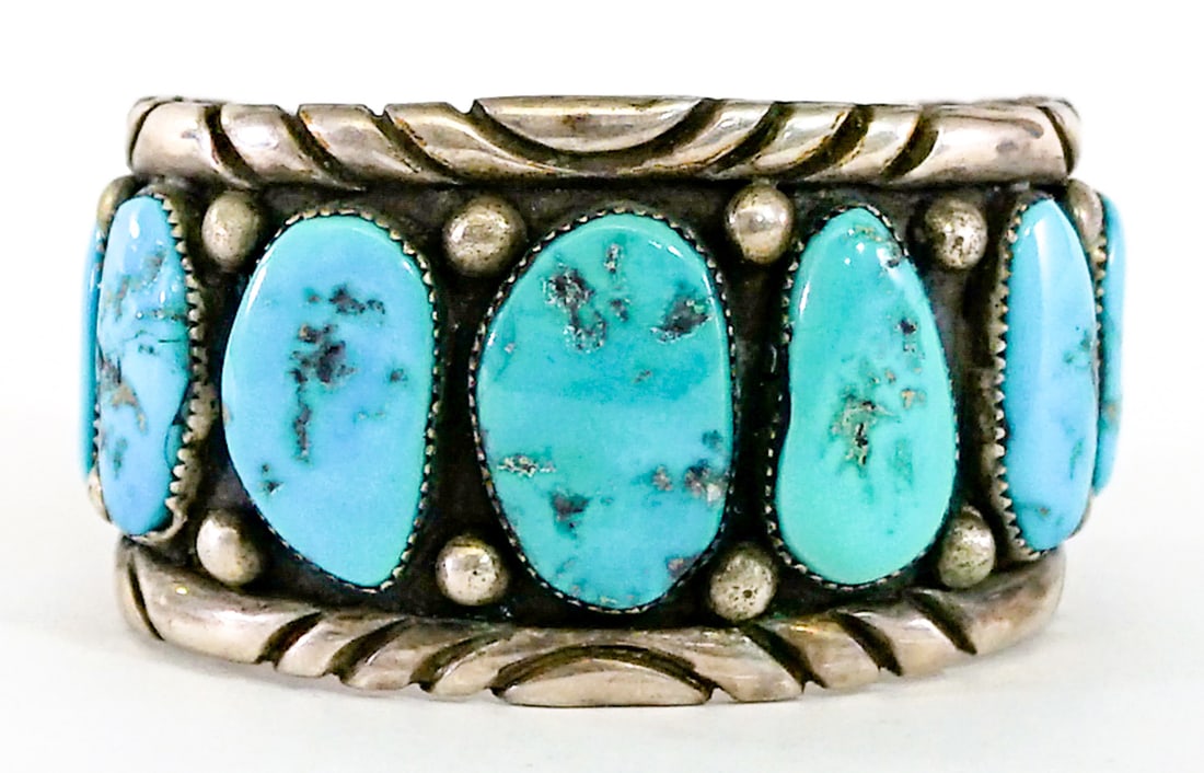 Turquoise Cuff Bracelet [7 Stones] 82g: Measures 7.25 x 1.75 in. Inside circumference measures 6.25 in. total measures 7.25 in. Lot measures 3.5 in. H x 3.5 in. W x 1.75 in. D for shipping purposes only. The absence of a condition report