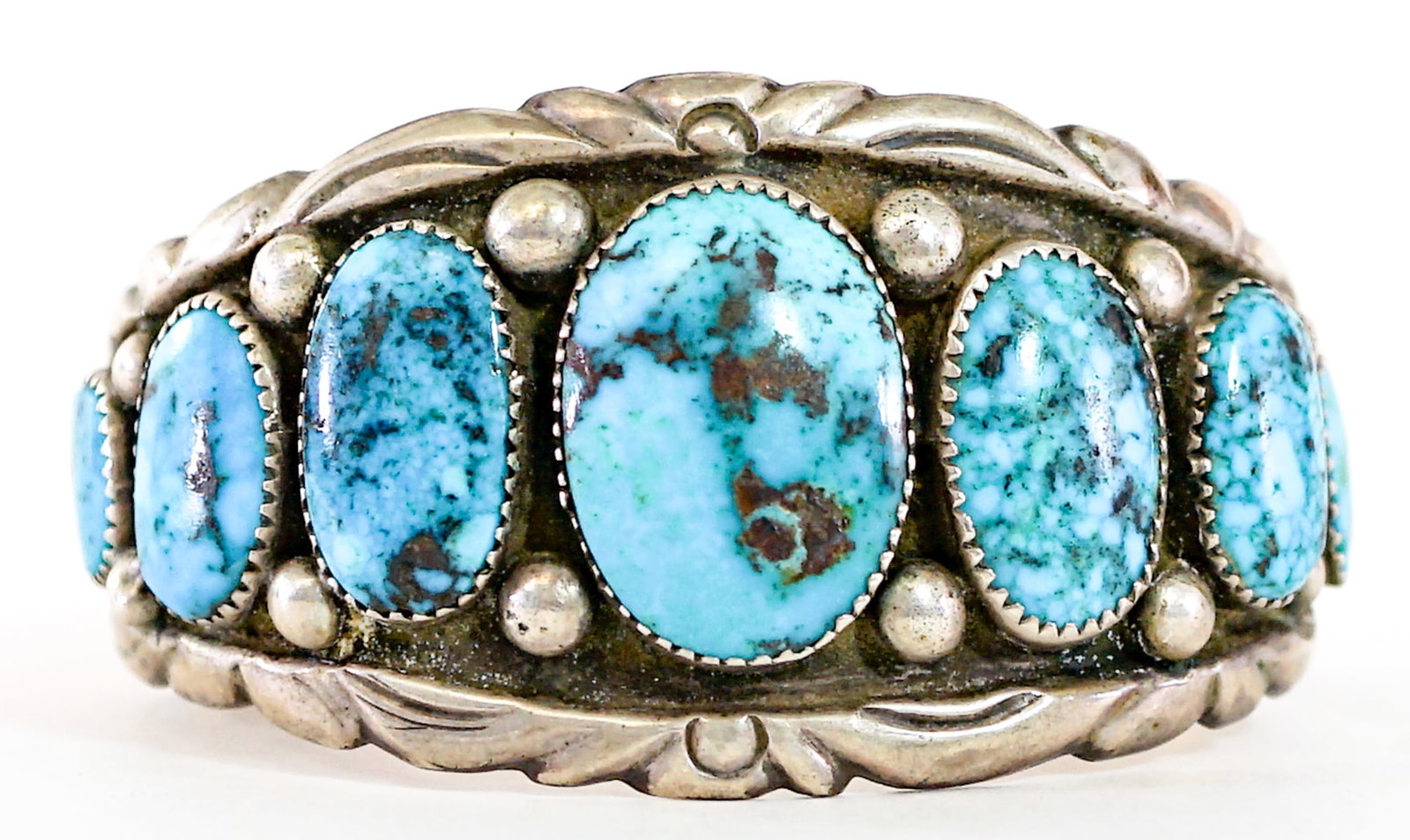 Turquoise Cuff Bracelet [7 Stones] 62g: Measures 6.75 x 1.5 in. Inside circumference measures 5.75 in. total measures 7 in. Lot measures 3.5 in. H x 3.5 in. W x 1.75 in. D for shipping purposes only. The absence of a condition report does