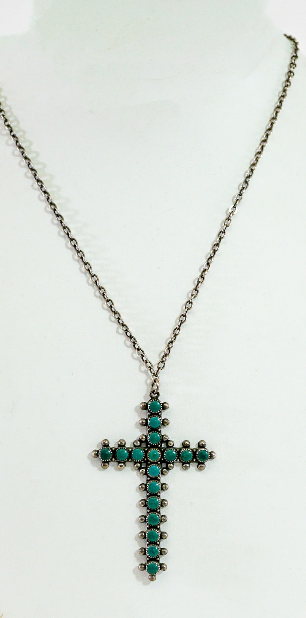 Turquoise Cross Stamped Sterling on Verso 10g: Pendant measures 2.25 x 1.5 in. Chain is not marked and measures 8.5 in. Lot measures 1.5 in. H x 1.5 in. W x 1.5 in. D for shipping purposes only. The absence of a condition report does not imply