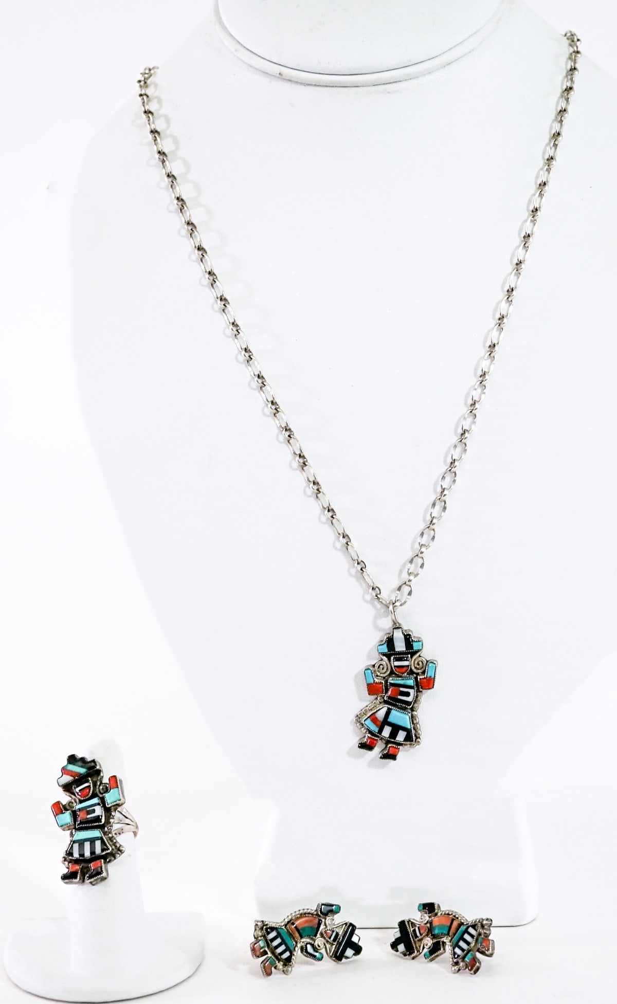 G. B. Natachu Rainbow Dancer Jewelry 32g: G. B. Natachu 'Rainbow Dancer' multi-stone inlay pendant measures 1.5 in.; size 6 ring measures 1.5 in. Pair of screw-on earrings measure 1.25 in. each (these are not marked). Lot measures 3.5 in. H