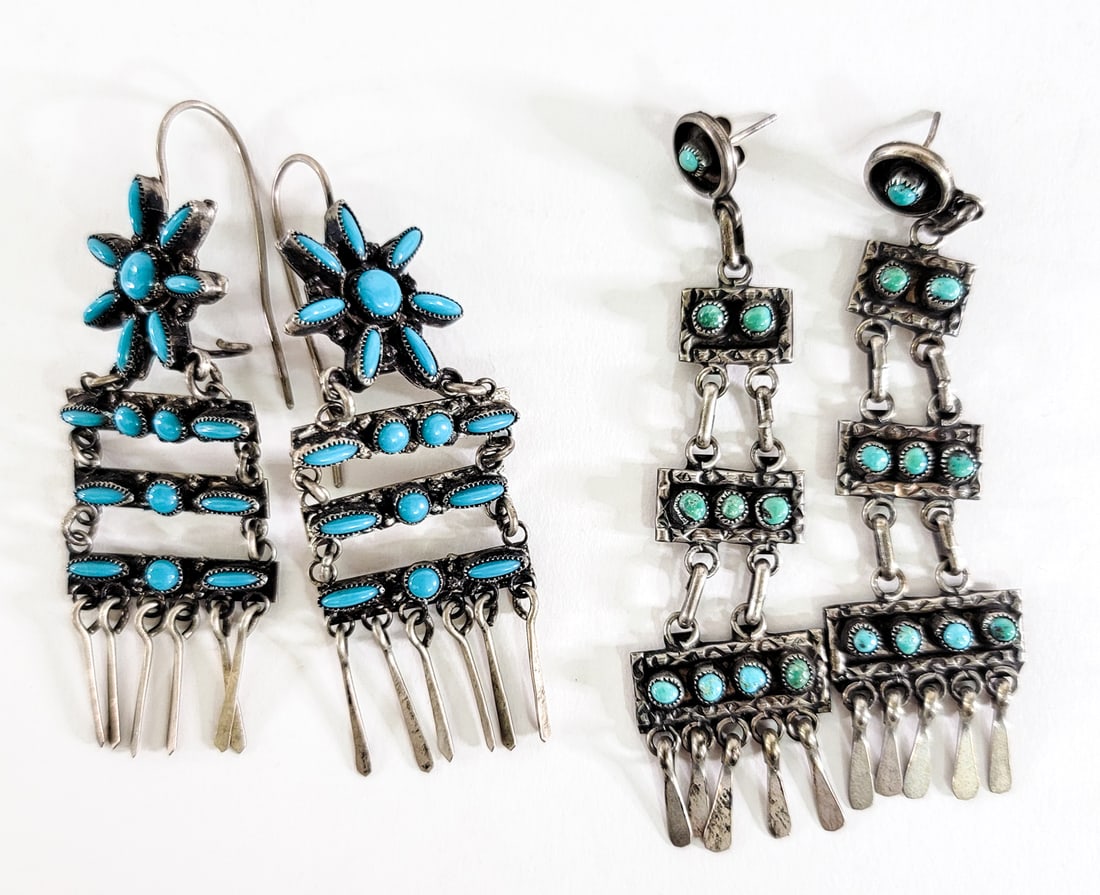 Turquoise (2PR) Earrings 34g: Two (2) pair pierced earrings measure 2.75 to 3.25 in. long. Lot measures 3.5 in. H x 3.5 in. W x 1.5 in. D for shipping purposes only. The absence of a condition report does not imply that the lot is