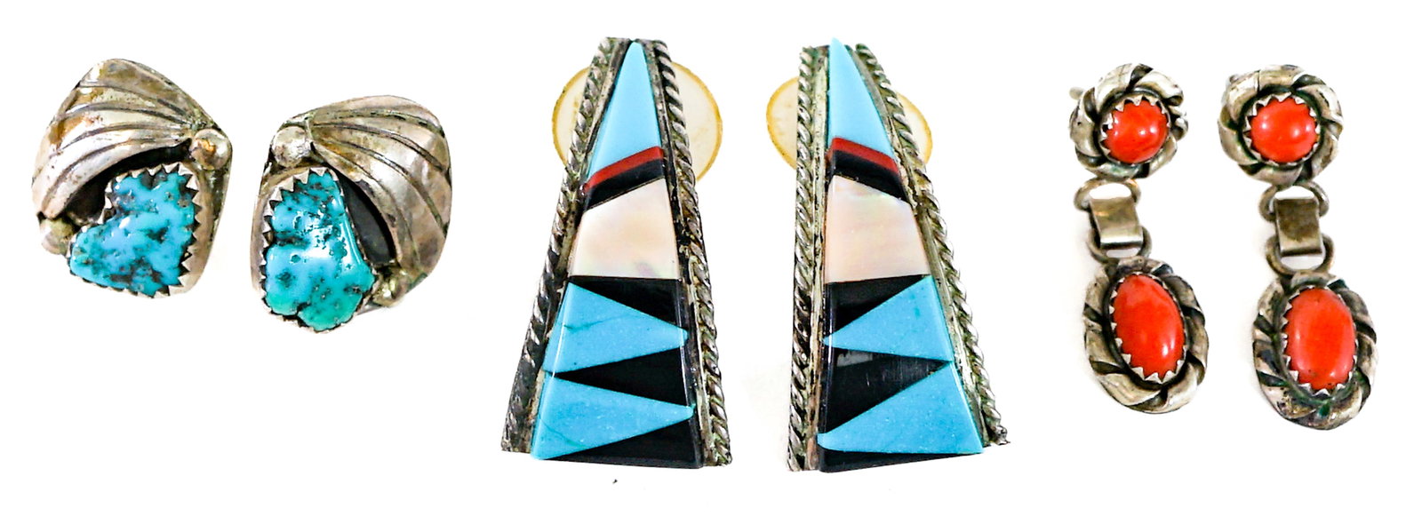 Southwest-Style Inlaid Stone (3PR) Earrings 14g: Three (3) pair pierced earrings. Turquoise; Coral. Measure .75 to 1.25 in. long. Lot measures 1.5 in. H x 1.5 in. W x 1.5 in. D for shipping purposes only. The absence of a condition report does not i