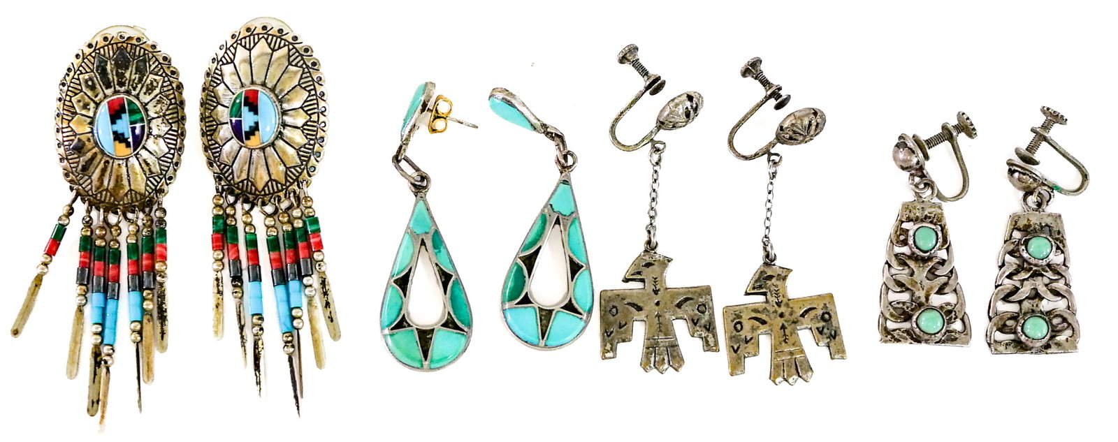 Southwest-Style (4PR) Earrings [Turquoise] 32g: Four (4) pair pierced and screw earrings measure 1.75 to 2.50 in. long. Lot measures 3.5 in. H x 3.5 in. W x 1.5 in. D for shipping purposes only. The absence of a condition report does not imply that