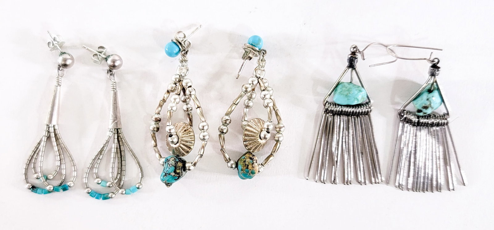 Turquoise (3PR) Earrings 14g: Three (3) pair pierced earrings measure approximately 1.75 in. long each. Lot measures 3.5 in. H x 3.5 in. W x 1.5 in. D for shipping purposes only. The absence of a condition report does not imply th
