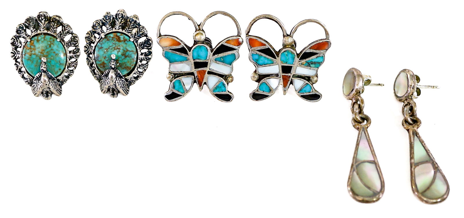 Southwest-Style Inlaid Stone (3PR) Earrings 20g: Three (3) pair pierced and screw type. Measure 1 to 1.5 in. long. Lot measures 1.5 in. H x 1.5 in. W x 1.5 in. D for shipping purposes only. The absence of a condition report does not imply that the l